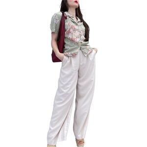 Zara High Waisted Minimalist Quiet Luxury Cream Wide Leg Trousers Size Large